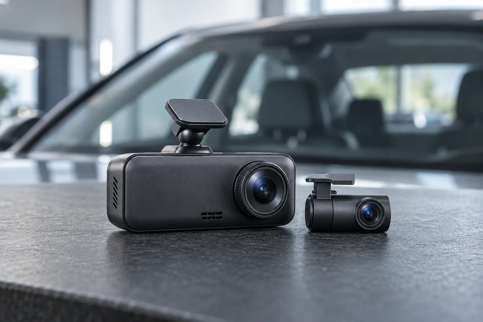 Illustration eines Dashcam-Sets mit Front- und Rückkamera vor einem Fahrzeug