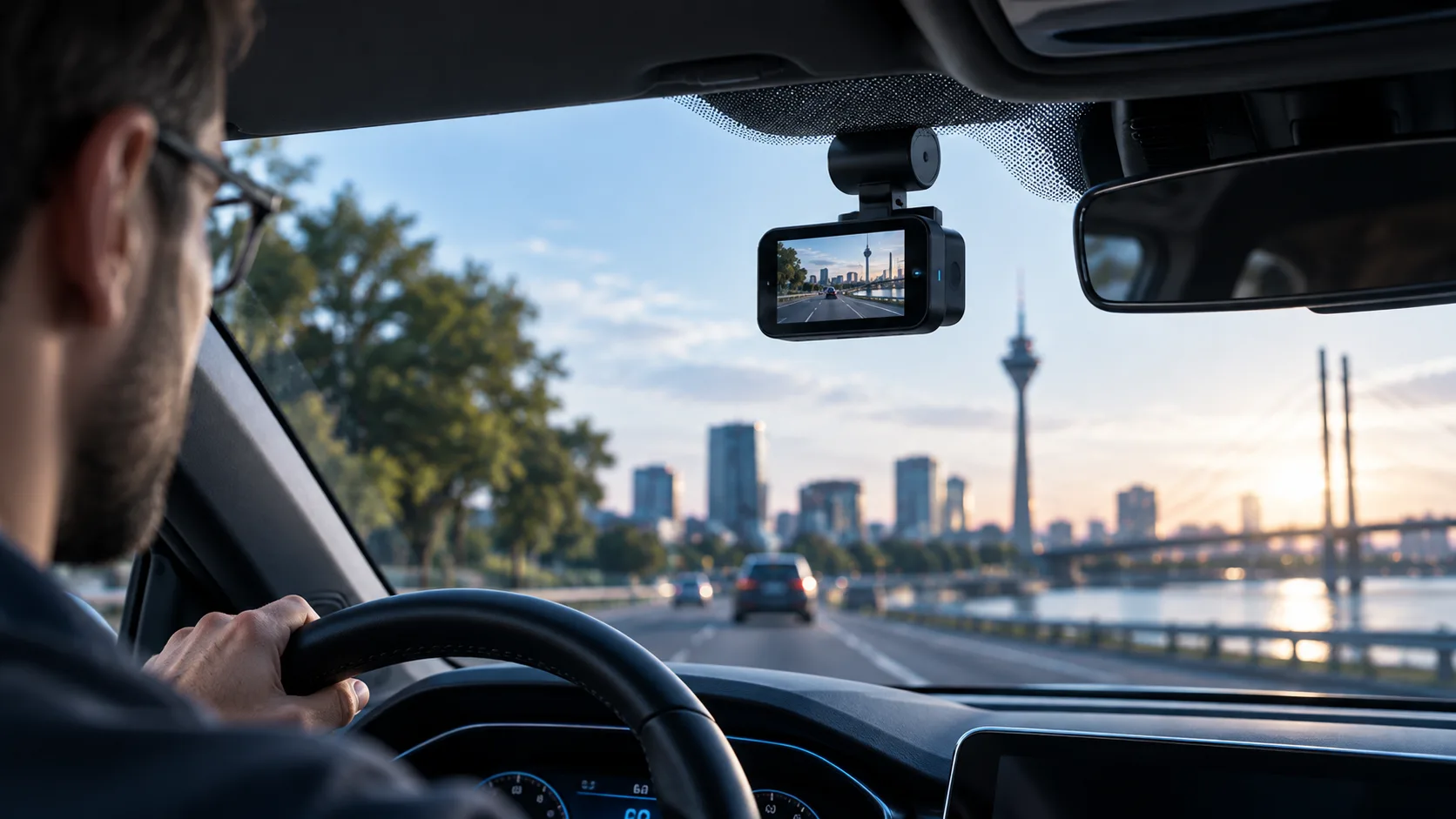 Illustrative Szene einer Dashcam im Fahrzeug mit Blick auf Düsseldorf